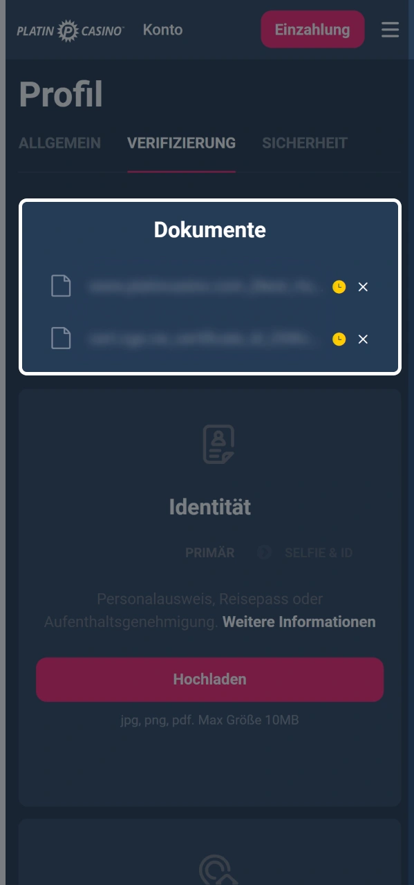 Warte auf die Überprüfung und Bestätigung deiner Dokumente durch Platin Casino.
