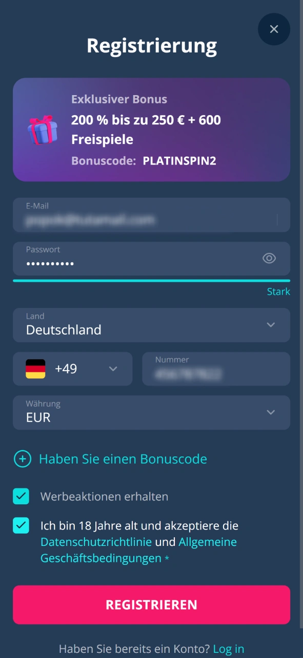 Erstellen Sie ein sicheres Passwort und akzeptieren Sie die Nutzungsbedingungen von Platin Casino.