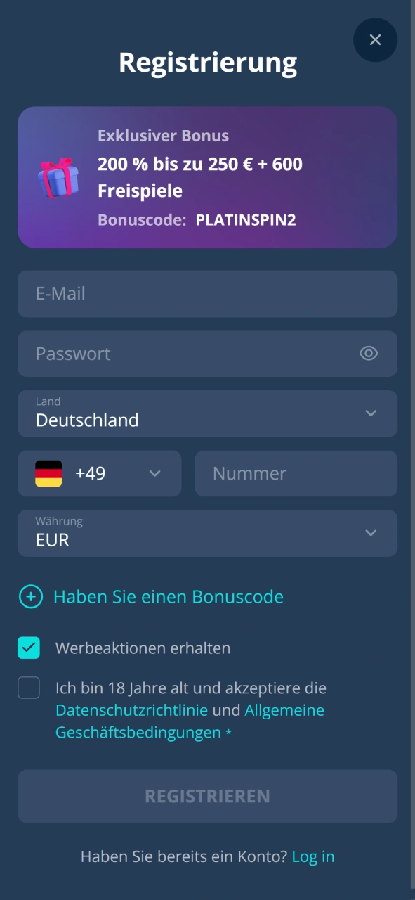 Gib deine E-Mail-Adresse ein und wähle deinen Willkommensbonus im Platin Casino.