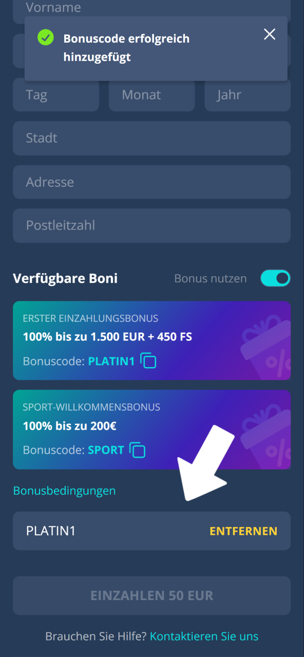 Wähle den passenden Bonuscode aus der Liste im Platin Casino aus.