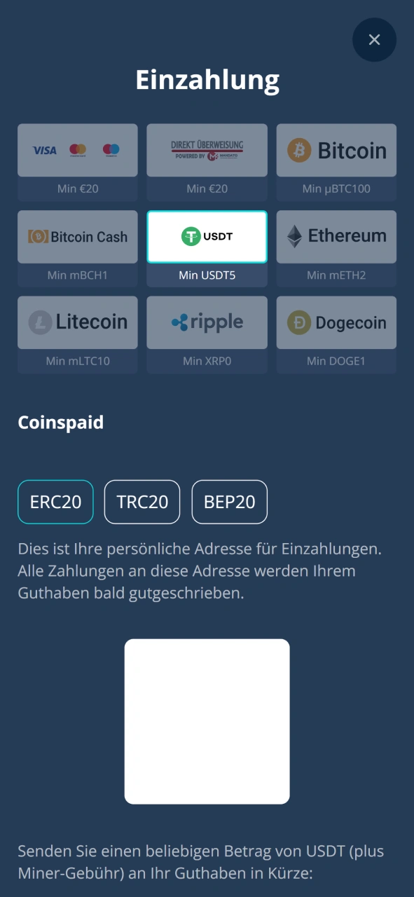 Wähle eine Zahlungsmethode wie USDT für deine Einzahlung im Platin Casino.