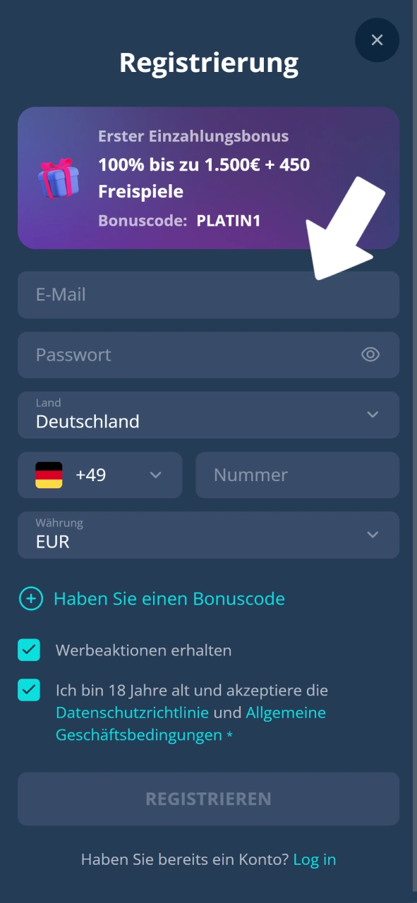 Gib deine Daten ein, um dein Spielerkonto bei Platin Casino zu eröffnen.