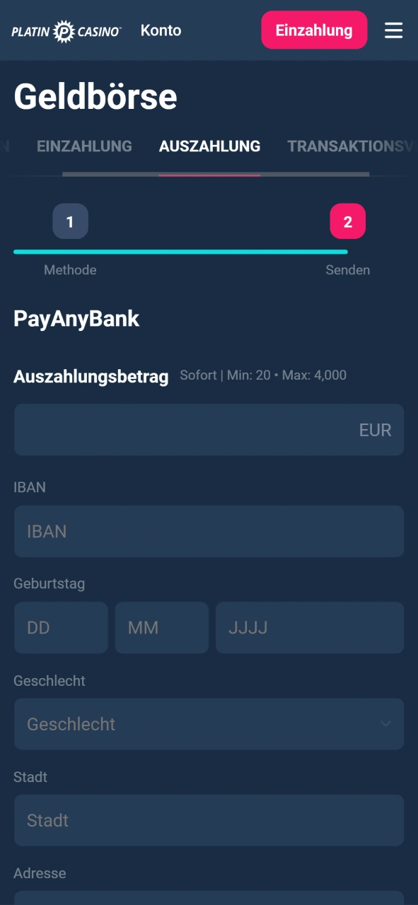 Trage den Betrag ein, den du von deinem Platin Casino Konto abheben möchtest.