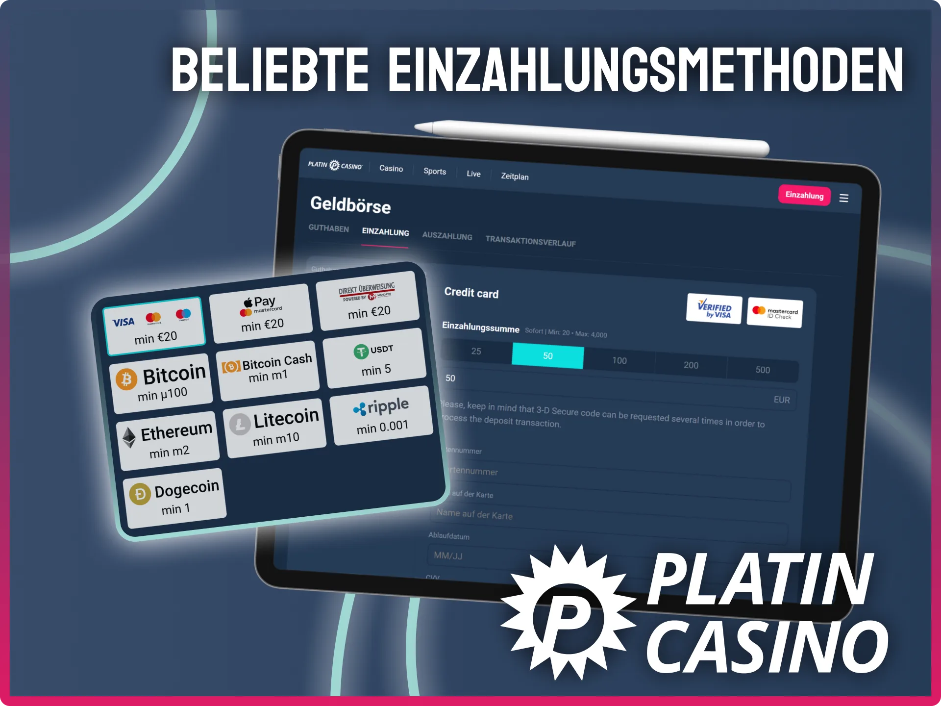 Nutze beliebte Zahlungsmethoden wie Apple Pay, Kreditkarten oder Krypto im Platin Casino.