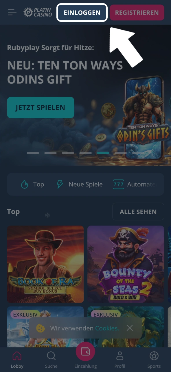 Logge dich mit deinen Zugangsdaten über den Button oben in Platin Casino ein.