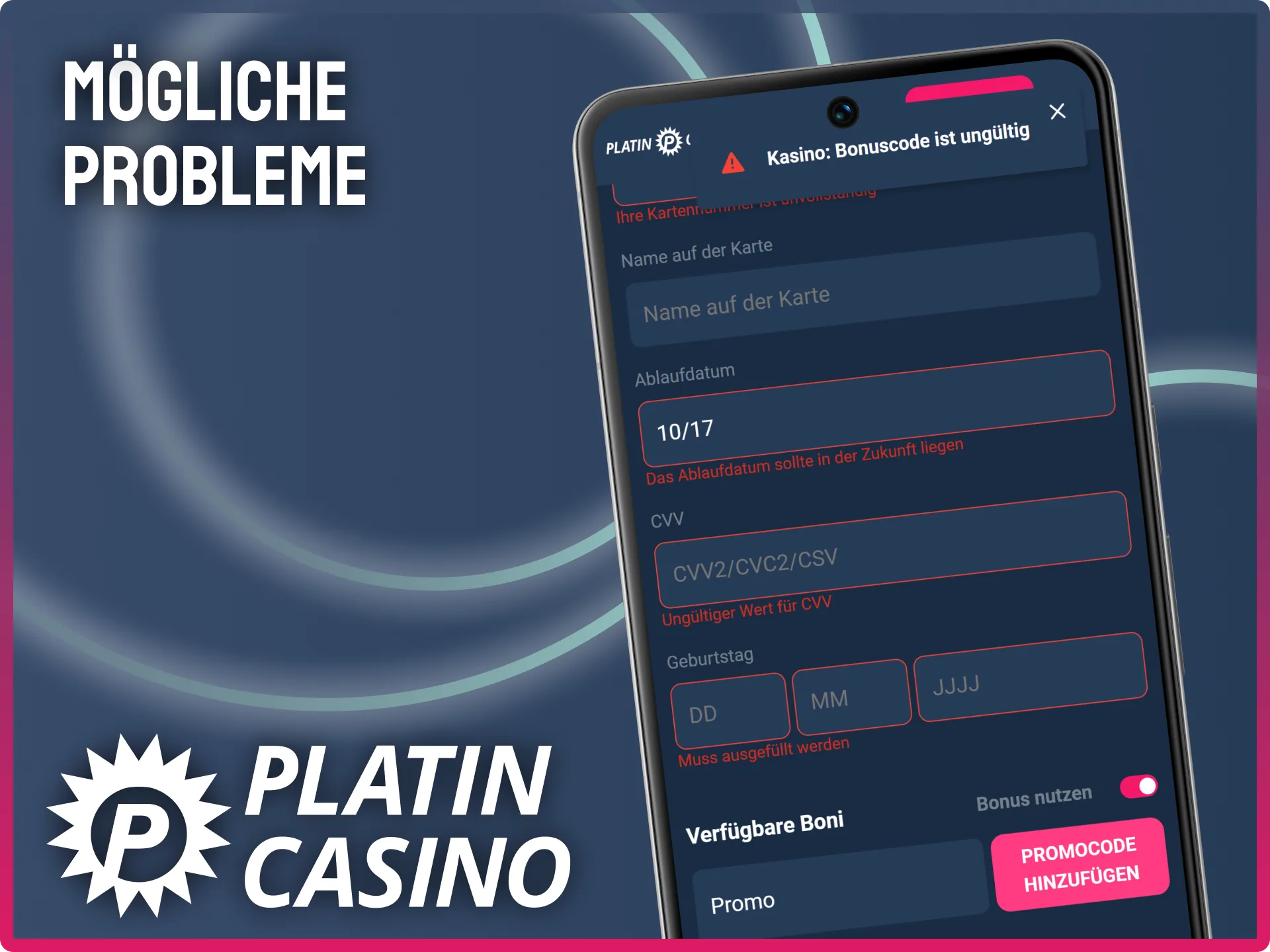 Überprüfe deine Eingaben bei Fehlermeldungen während der Zahlung im Platin Casino.
