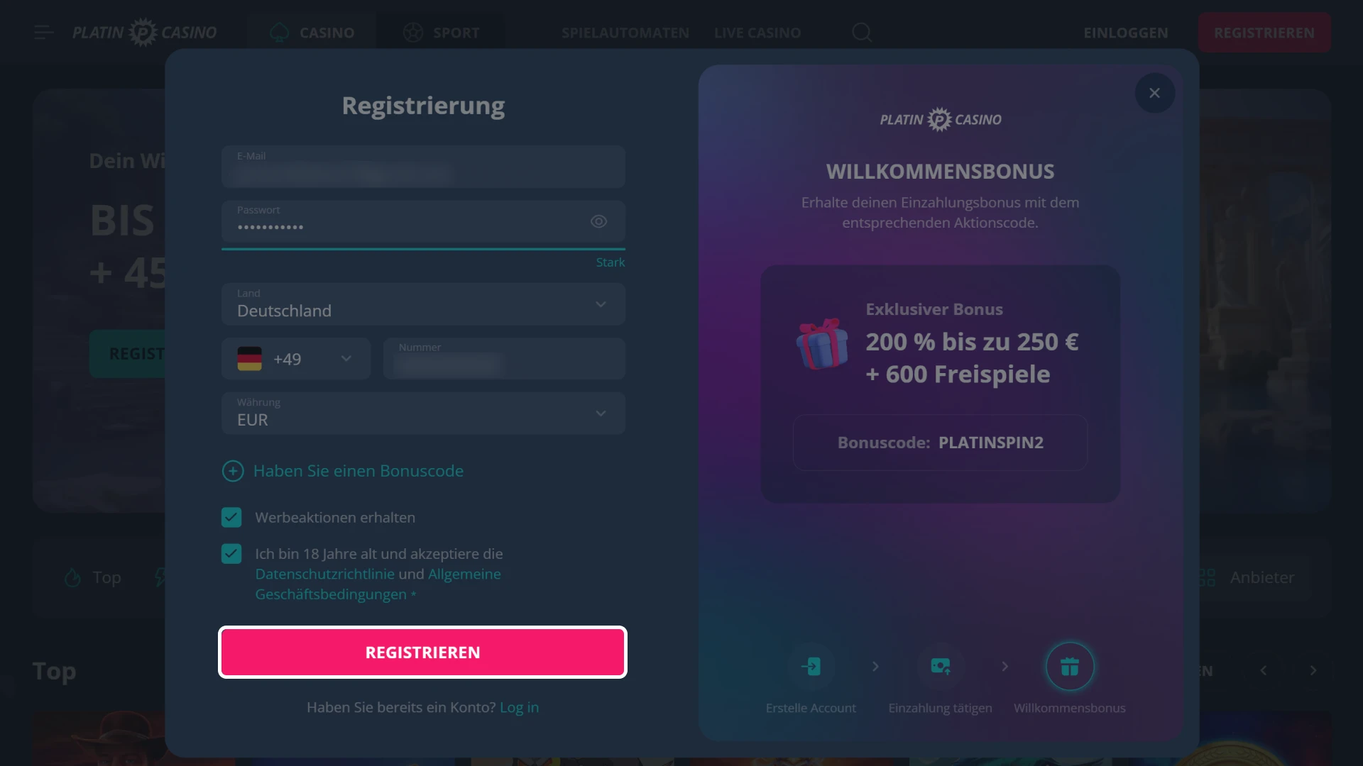 Platin Casino Registrierung bestätigen und einloggen.