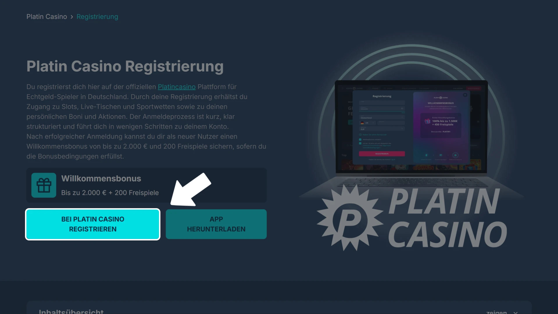 Unten auf Anmelden klicken und Platin Casino öffnen.