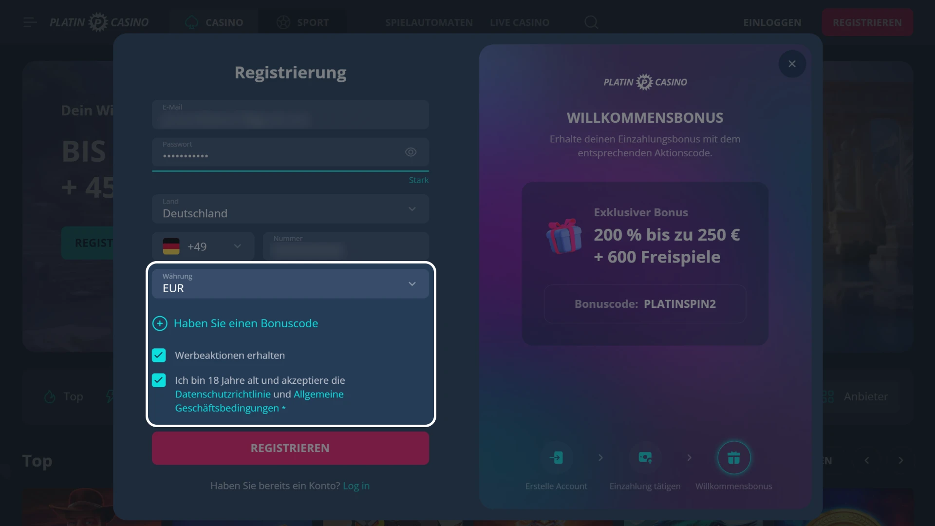 Platin Casino Konto-Einstellungen wählen und bestätigen.
