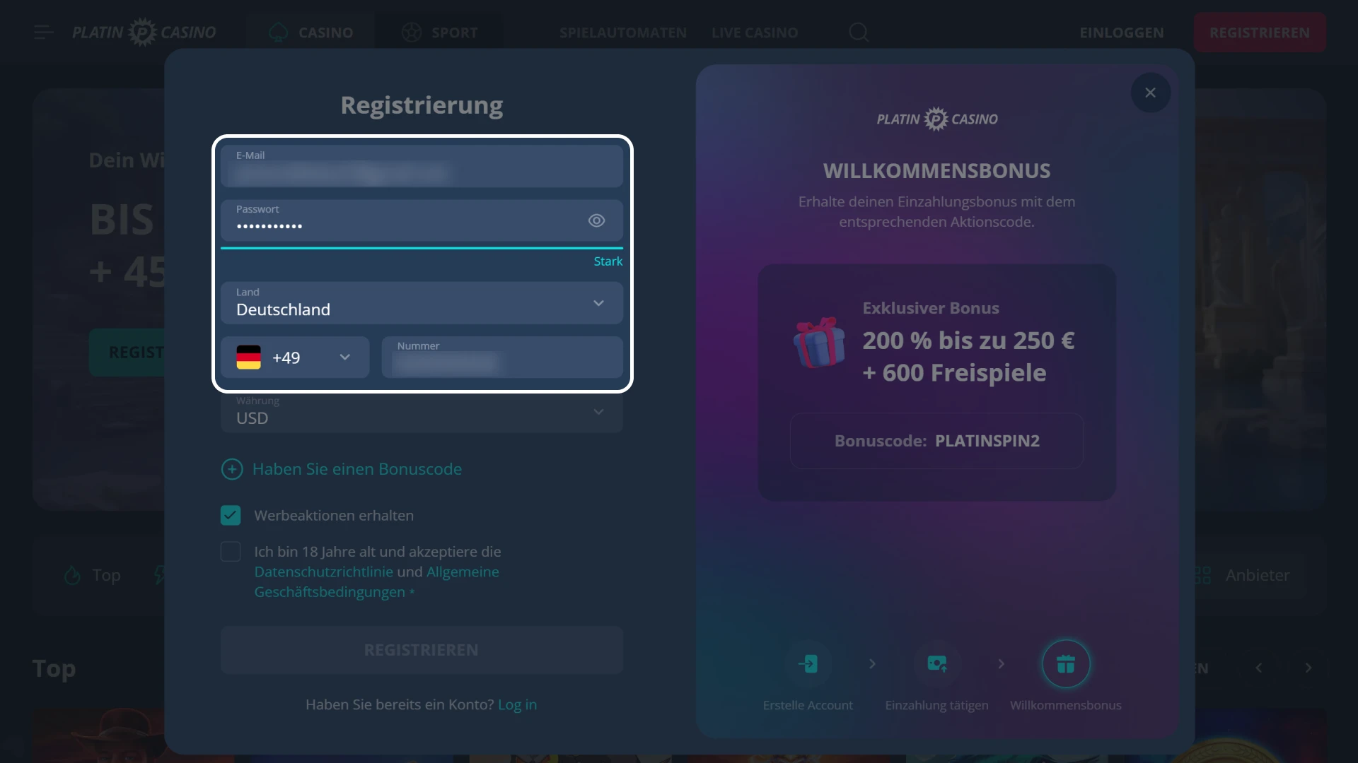 Persönliche Daten eingeben und Platin Casino Konto sichern.