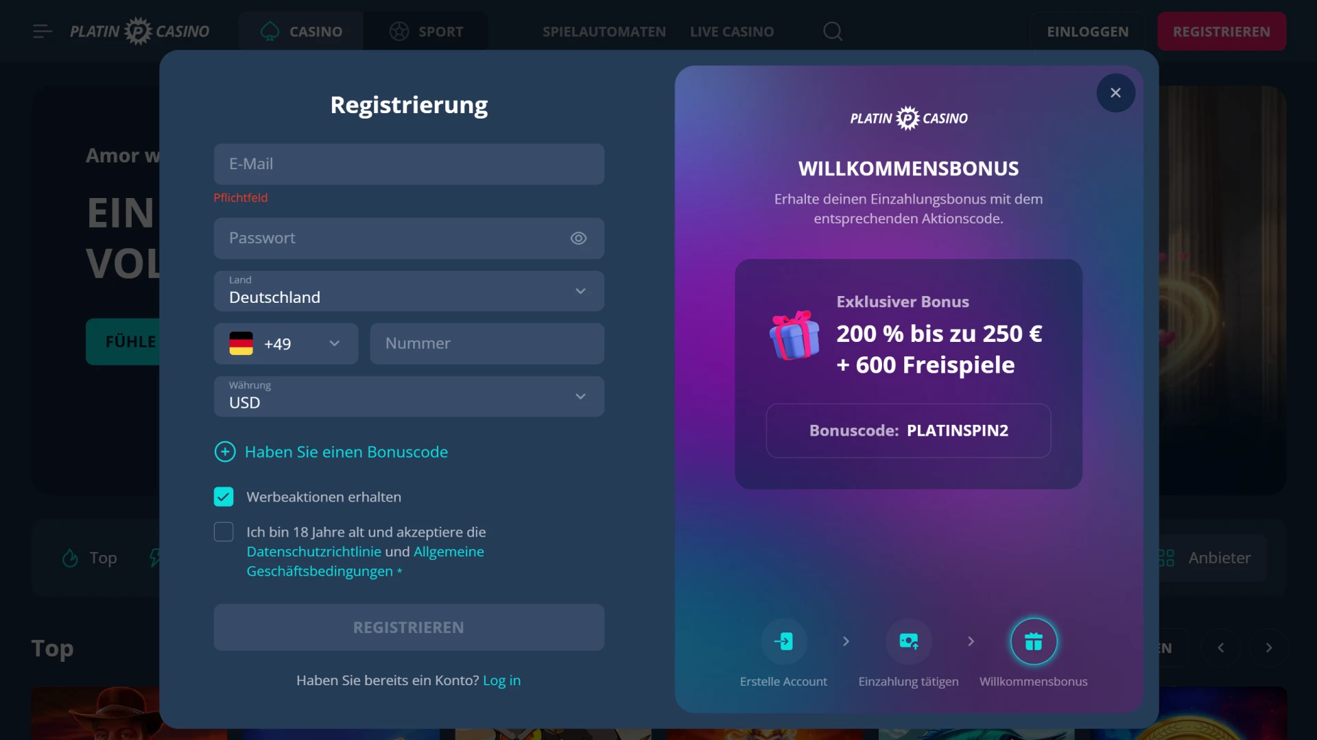 Platin Casino Registrierungsart wählen und starten.