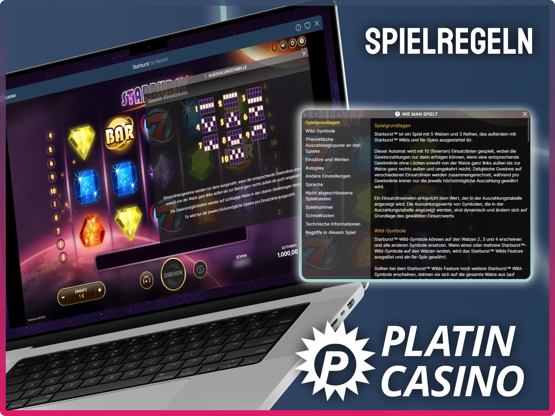Meistern Sie Starburst im Platin Casino mit 10 Gewinnlinien in beide Richtungen und expandierenden Wilds.