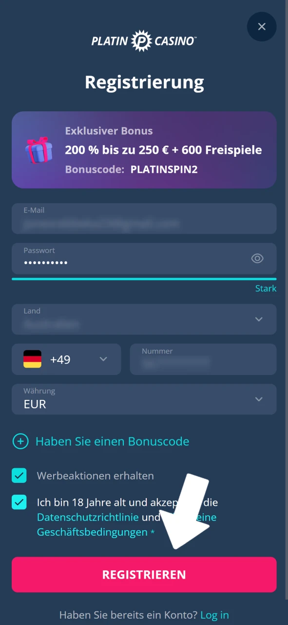 Klicken Sie auf Besuchen, registrieren Sie sich bei Platin Casino und spielen Sie Starburst.