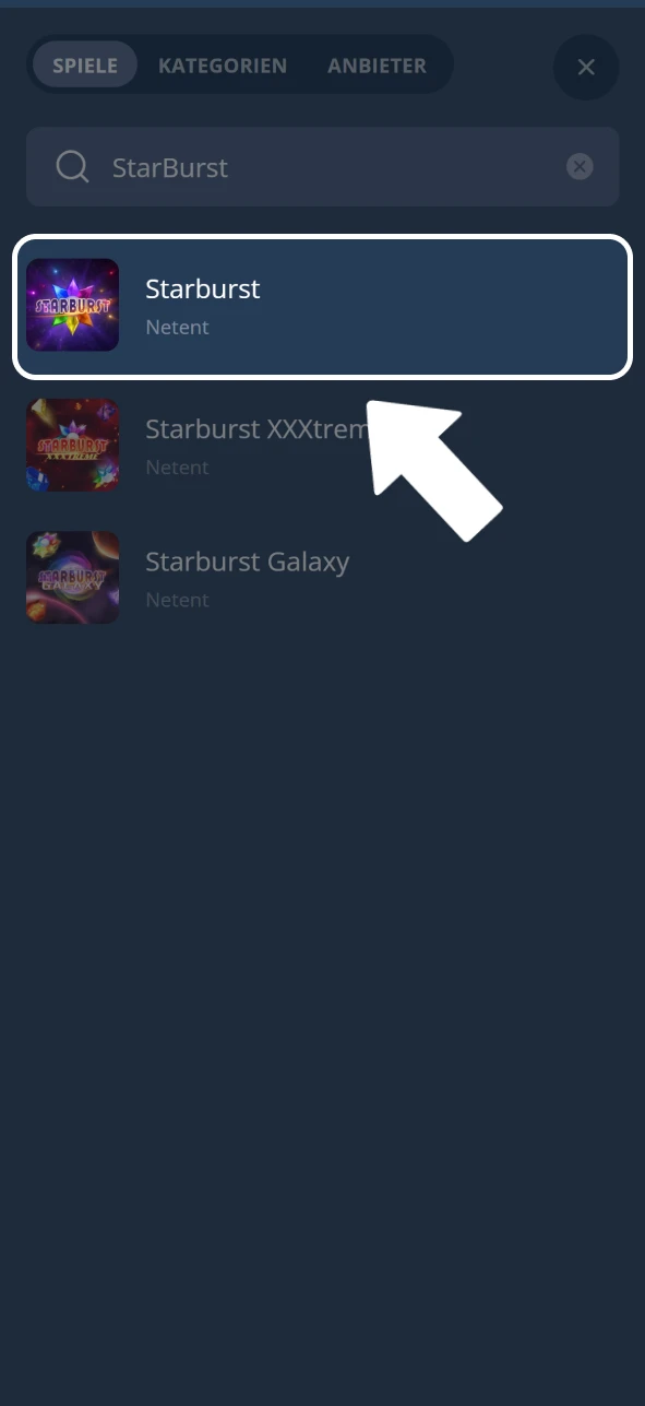 Suchen Sie Starburst in der Bibliothek des Platin Casinos und klicken Sie auf Spielen.