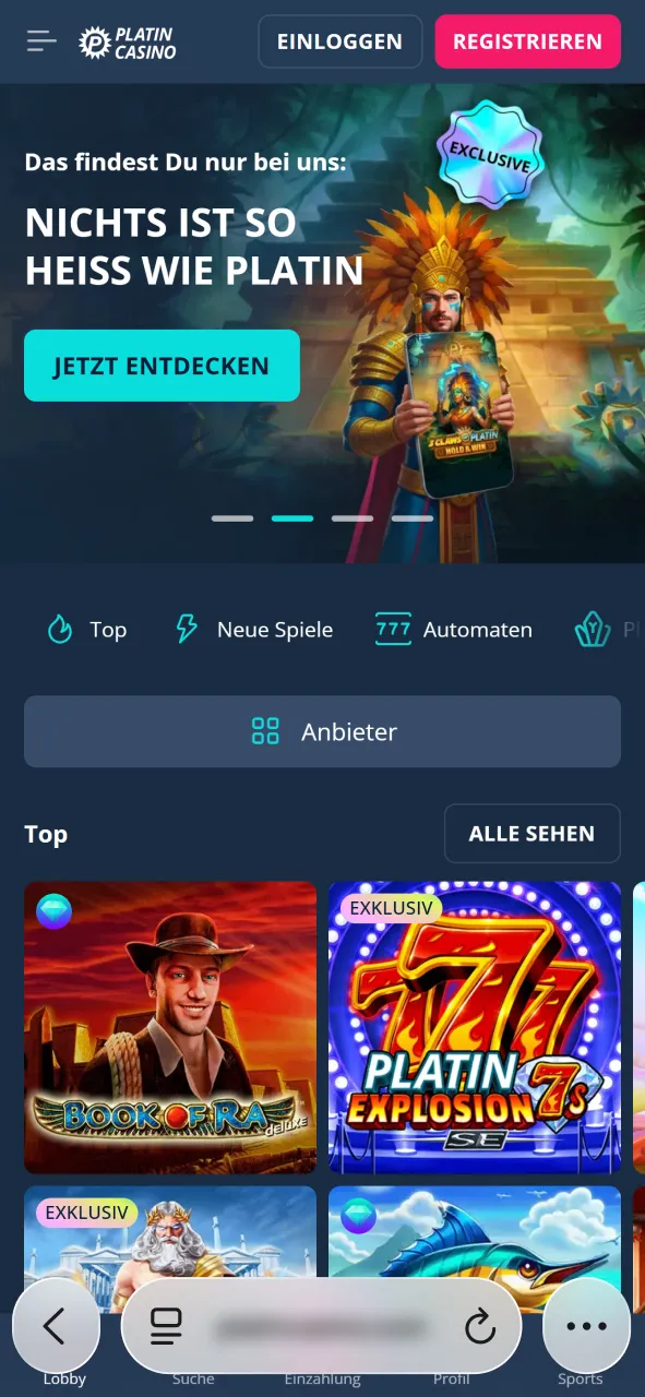 Klicke auf Button bei Platincasino und öffne die offizielle Website.